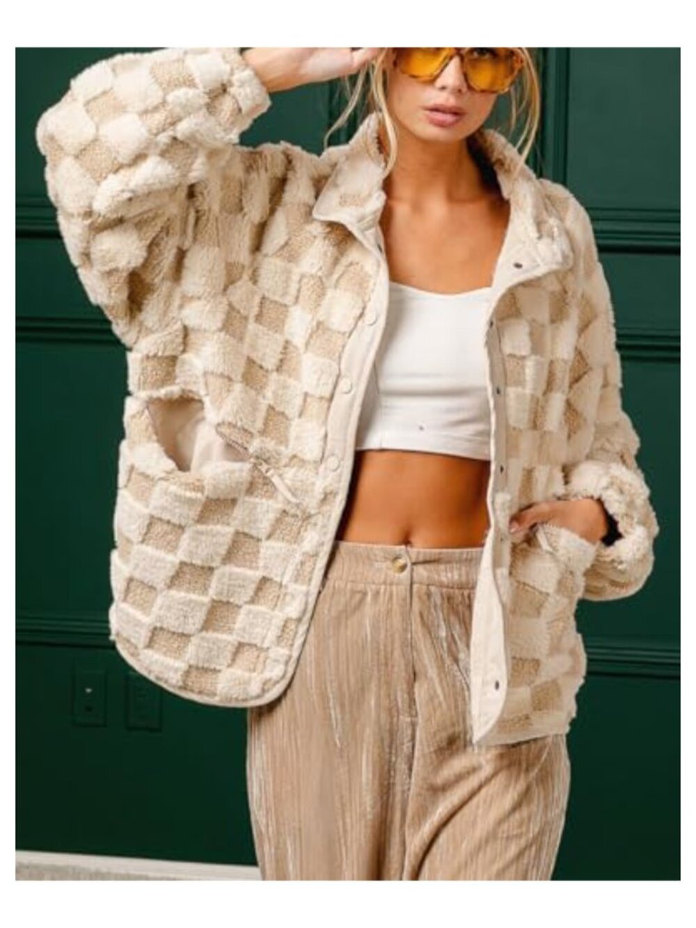 Women Winter Checkered Fleece Jacket Oversized Sherpa Shacket Faux Fur Coat - Picture 4 of 5